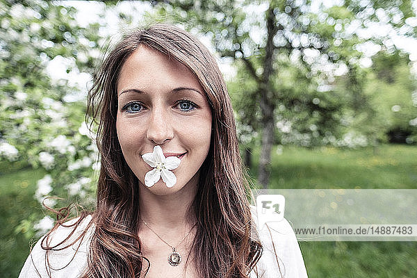 Porträt einer lächelnden jungen Frau mit Apfelblüte im Mund