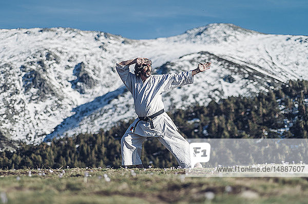 Älterer Mann praktiziert Karate im Freien