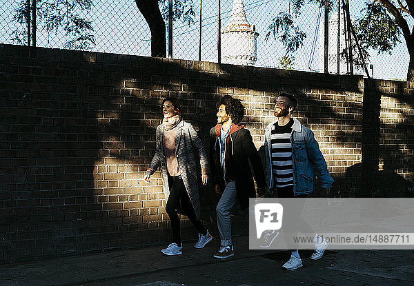 Drei glückliche Freunde gehen im Schatten an einer Ziegelmauer entlang