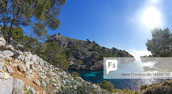 Spain  Balearic Islands  Mallorca  Peninsula Formentor  Cala en Gossalba  hiker looking at distance
