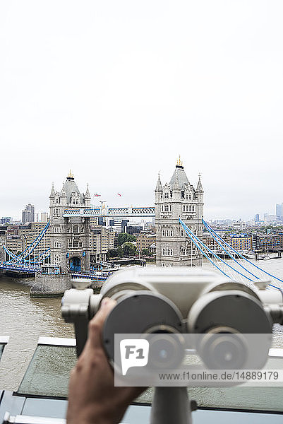 UK  London  Tower Bridge view from rooftop with Coin Operated Binoculars