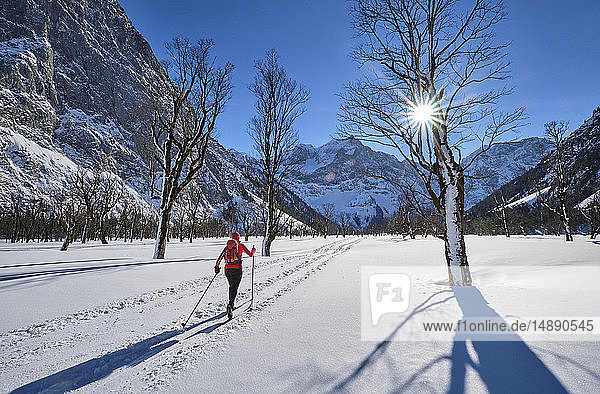 Austria  Tirol  Riss Valley  Karwendel  cross country skier in winter landscape
