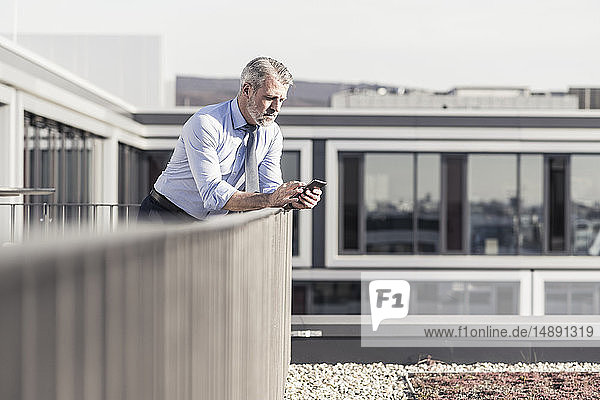 Reifer Geschäftsmann benutzt Mobiltelefon auf der Dachterrasse