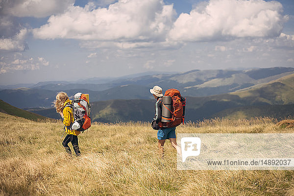 Couple hiking in the Carpathian Mountain Range