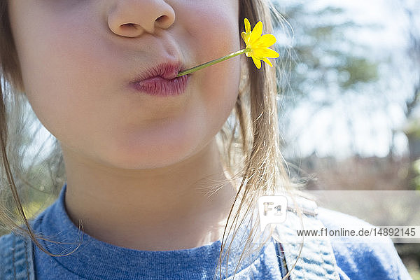 Girl with yellow flower in mouth