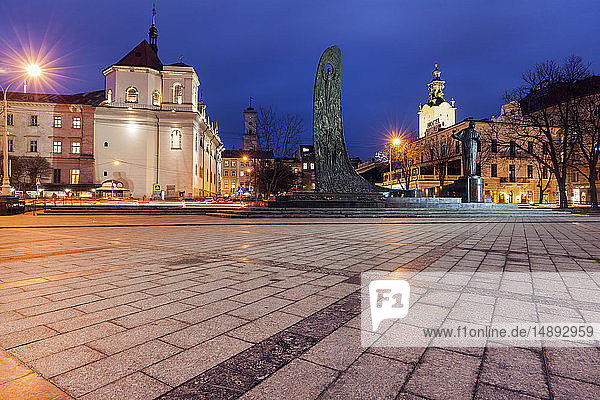 Town square at night in Lviv  Ukraine