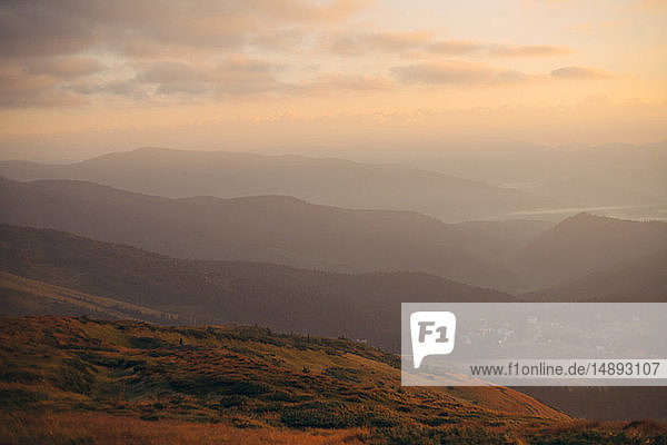Mountains at sunrise at the Carpathian Mountain Range in Ukraine