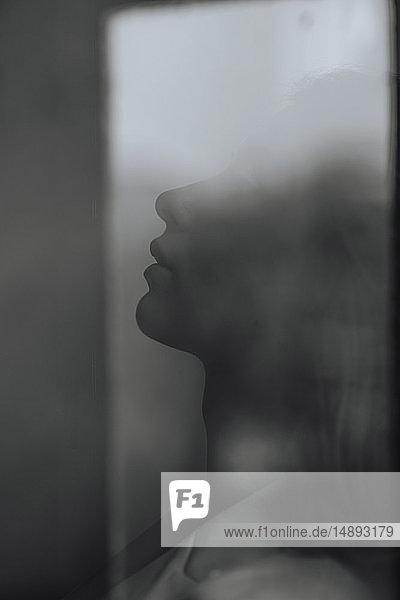 Profile of young woman behind window