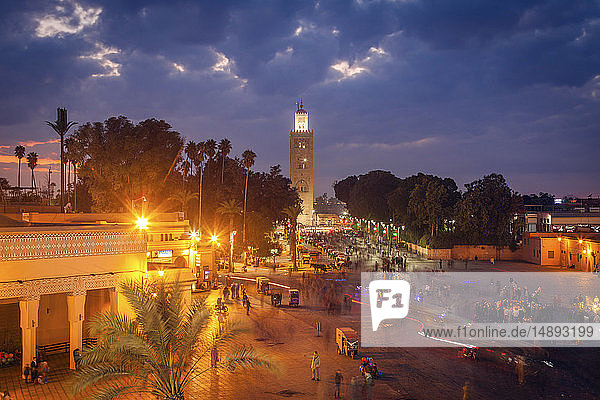 Koutoubia Mosque on Djemma el Fna square at sunset in Marrakesh  Morocco