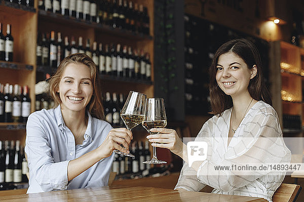 Junge Frauen stoßen mit einem Glas Weißwein an
