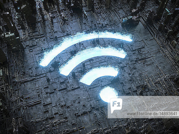 Das Symbol des blauen Himmels für Wifi leuchtet in der düsteren Landschaft der industriellen Technologie