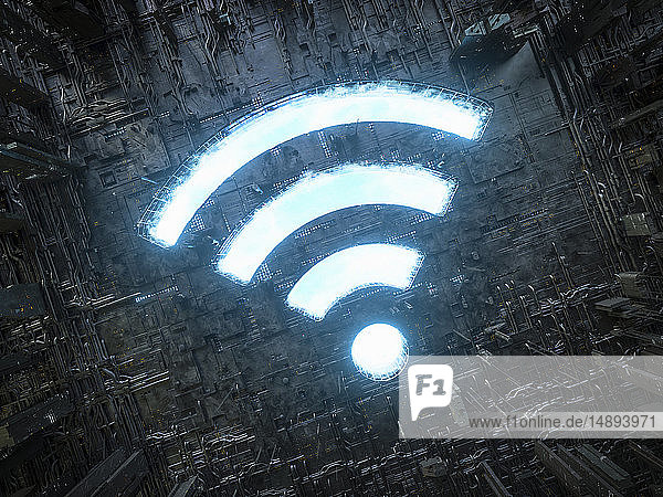 Das Symbol des blauen Himmels für Wifi leuchtet in der düsteren Landschaft der industriellen Technologie