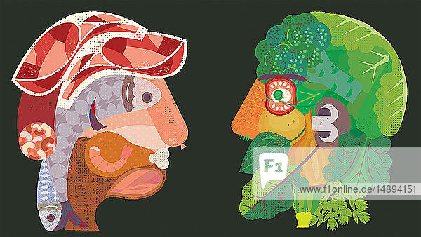 Unterschiedliche Köpfe aus Fleisch und Fisch im Vergleich zu Gemüse