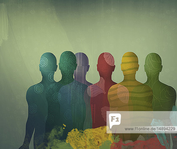 Overlapping different coloured male silhouettes