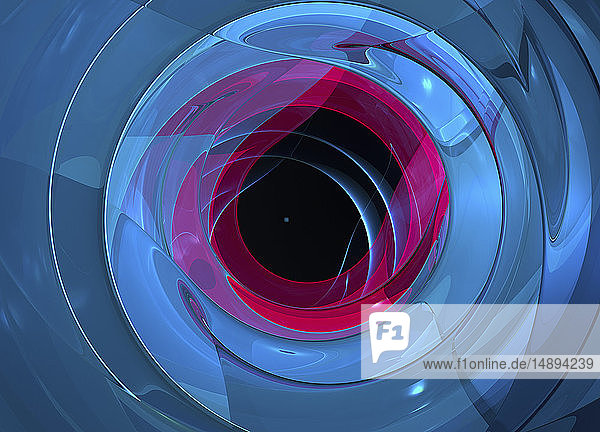 Schwarzes Loch im Zentrum eines blauen und rosa Spiralmusters