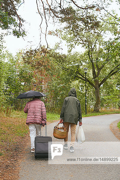 Rückansicht von Großmutter und Enkel mit Gepäck  die während der Regenzeit auf der Straße im Park spazieren gehen