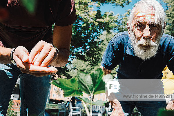 Älterer Mann im Ruhestand  der einem männlichen Freiwilligen im Hinterhof zur Seite steht