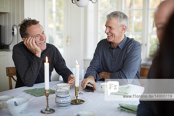 Cheerful mature men talking while sitting at dining table