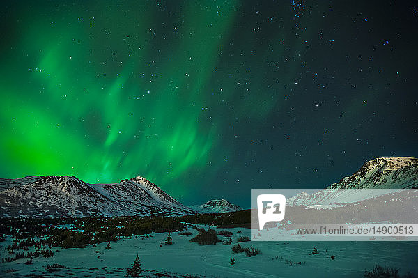 The Northern Lights (Aurora Borealis) are seen over Wolverine Peak in the Chugach State Park on a winter night near Powerline Pass South-central Alaska; Alaska United States of America