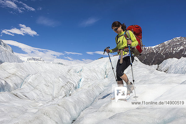 Frau  die im Sommer mit dem Rucksack über den Root-Gletscher mit Steigeisen zum Donoho Peak wandert  Wrangell Mountains  Wrangell-St. Elias National Park  Süd-Zentral-Alaska; Kennicott  Alaska  Vereinigte Staaten von Amerika