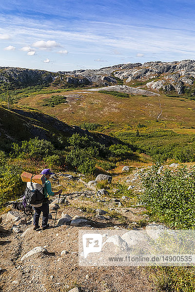 Woman backpacking along the Kesugi Ridge Trail  Denali State Park  Alaska on a sunny day during the autumn  South-central Alaska; Alaska  United States of America