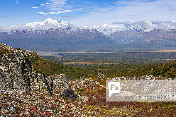 Woman and man backpacking with dogs on the tundra towards Denali and the Alaska Range  along the Kesugi Ridge Trail  Denali State Park  on a sunny autumn day. Couple is small  with big vistas of Denali and Alaska Range  South-central Alaska; Alaska  United States of America