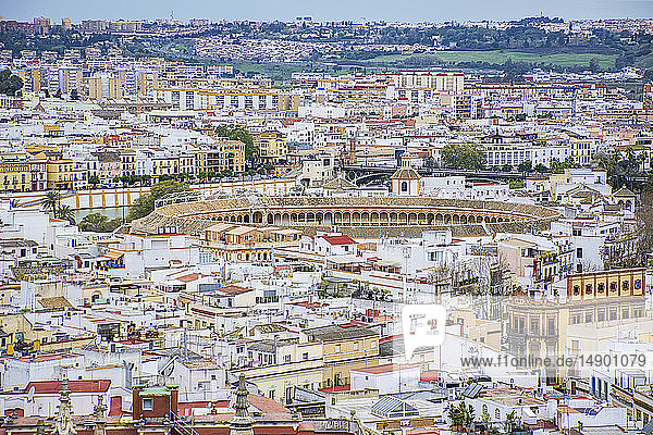 Dächer in Sevilla  mit der Stierkampfarena von Sevilla (Plaza de Toros) in der Mitte; Sevilla  Spanien