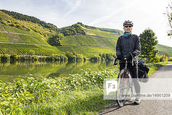 Female cyclist along river bike pathway with steep vineyards on river slopes in the background  near Piesport; Germany