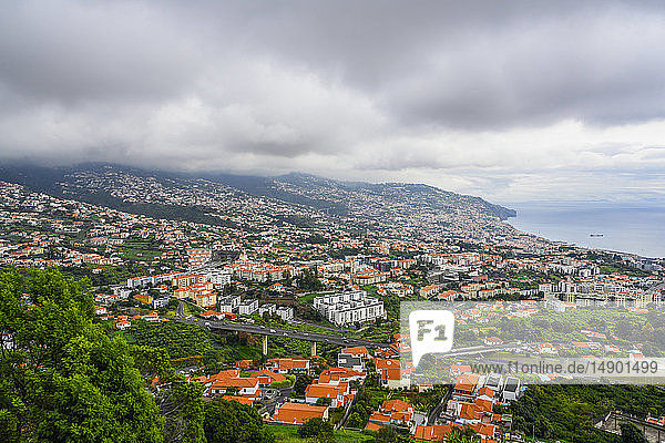 Blick auf die orangefarbenen Dächer der Häuser in Funchal  Madeira  mit dem Hafen in der Ferne; Funchal  Madeira  Portugal