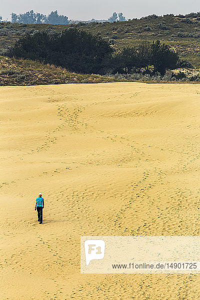 Frau  die einen großen Sanddünenhügel mit sanften Hügeln im Hintergrund hinaufgeht  südöstlich von Leader; Saskatechewan  Kanada