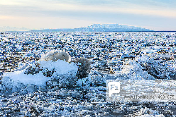 Blick nach Westen über den Knik Arm  Meereis im Winter  das den Cook Inlet im Winter erstickt  mit dem Mount Susitna (Sleeping Lady) im Hintergrund  fotografiert von Anchorage  Alaska; Anchorage  Alaska  Vereinigte Staaten von Amerika