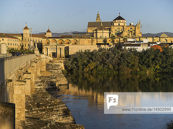 Great Mosque of Cordoba and the Roman bridge over the Guadalquivir River; Cordoba  Province of Cordoba  Spain