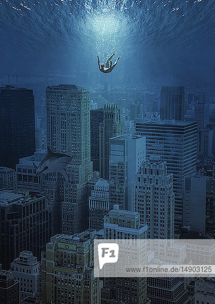 Composite image of an underwater city with a human and shark