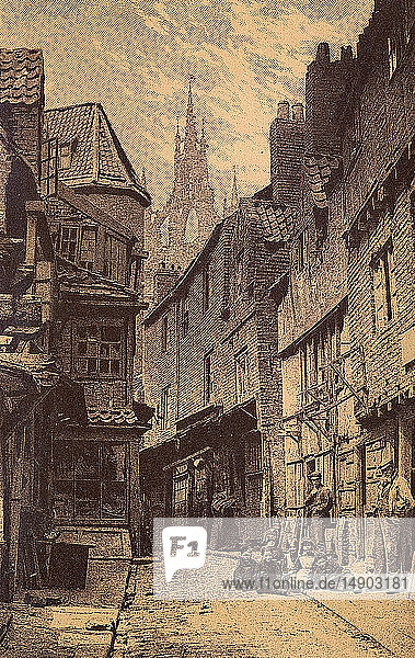 Souvenir of Newcastle Upon Tyne album  price one shilling. Publisher Walter Scott  Newcastle. Images from pre 1900. Castle Garth with people in the street