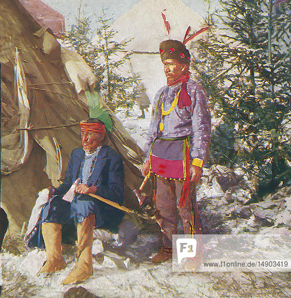 Stereoskop 1898 T.W. Ingersoll. Eine handkolorierte Fotografie. Jake Nahnami  alter Sioux-Häuptling (Walking Stones) und Jukawcauhdisca. Amerikanische Indianer vor einem Teepee