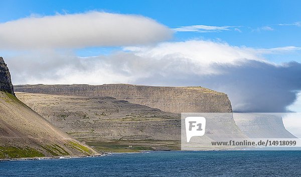 Fjord Patreksfjoerdur near Hnjotur. The remote Westfjords (Vestfirdir) in north west Iceland. Europe Scandinavia Iceland.