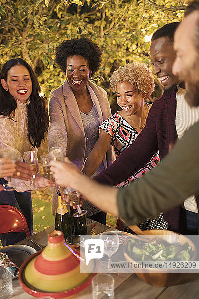 Freunde feiern  stoßen mit Champagner bei einer Gartenparty an