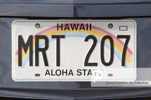 Hawaii car license plate. Hawaiian license plate on back of car