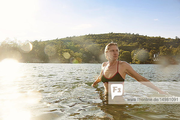 Woman enjoying lake