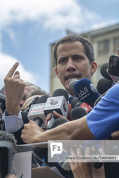 The interim president of Venezuela  Juan Guaidó  arrives at the mobilization of the transport sector that reiterates its support for the interim government and the arrival of humanitarian aid.