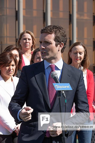 The president of the PP  Pablo Casado  seen talking about the event with regional and municipal PP candidates on the occasion of International Women's Day.