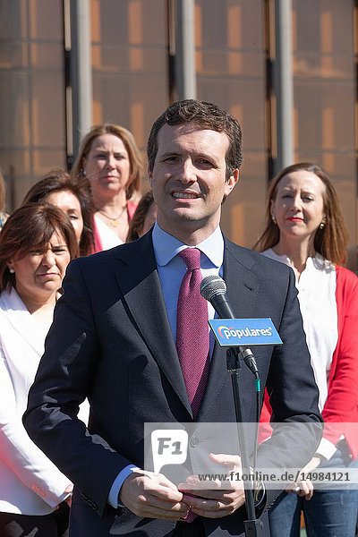 The president of the PP  Pablo Casado  seen talking about the event with regional and municipal PP candidates on the occasion of International Women's Day.
