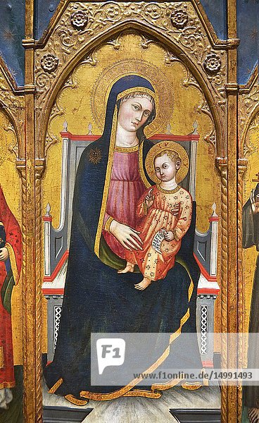 Gothic Altarpiece of Madonna and child  by Pietro da Pisa from liguria  circa 1401-1423  tempera and gold leaf on for wood. National Museum of Catalan Art  Barcelona  Spain  inv no: MNAC 67192.