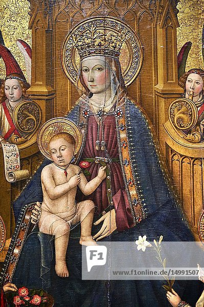 Gothic Catalan Altarpiece of Madonna and Child by Jaume Huguet  circa 1450  tempera and gold leaf on wood  from the parish church of Vallmoll  Alt Camp. National Museum of Catalan Art  Barcelona  Spain  inv no: MNAC 64066.