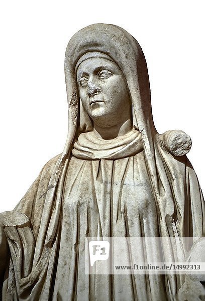 Roman statue of a priestess. Marble. Perge. 2nd century AD. Inv no 2015/192. Antalya Archaeology Museum  Turkey. Against a white background.
