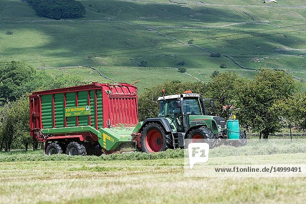 Making silage crop in the Yorkshire Dales with a Strautmann Forage Wagon being pulled by a Fendt tractor