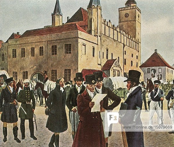 In front of the town hall at Reichenbach in Silesia during the ceasefire  1813  (1936). Creator: Unknown.