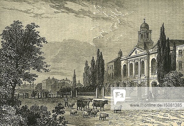 Schlagbaum in der Hampstead Road und St. James's Church im Jahr 1820   (um 1876). Schöpfer: Unbekannt.