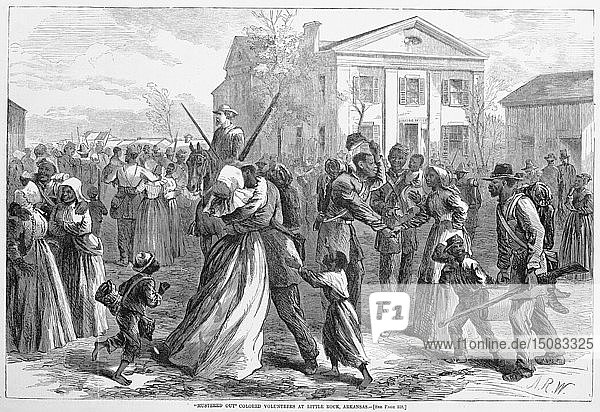Mustered Out Colored volunteers at Little Rock Arkansas from Harper's Weekly pub. 1866. Creator: Alfred Rudolph Waud (1828 -91).
