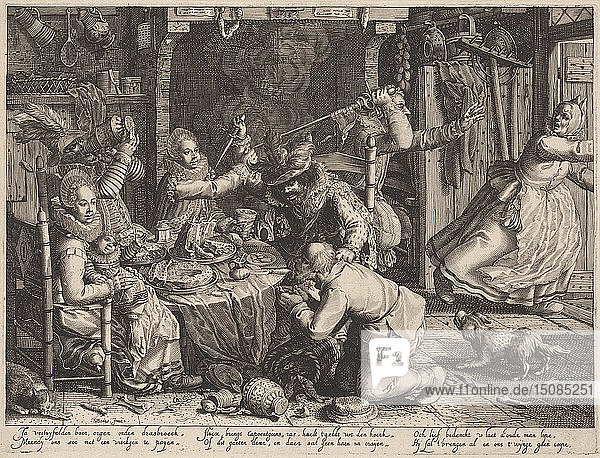 Reiche Gesellschaft beim Essen. Aus der Serie Boereverdriet (Schrecken des Krieges an die Bauern)  1610.
